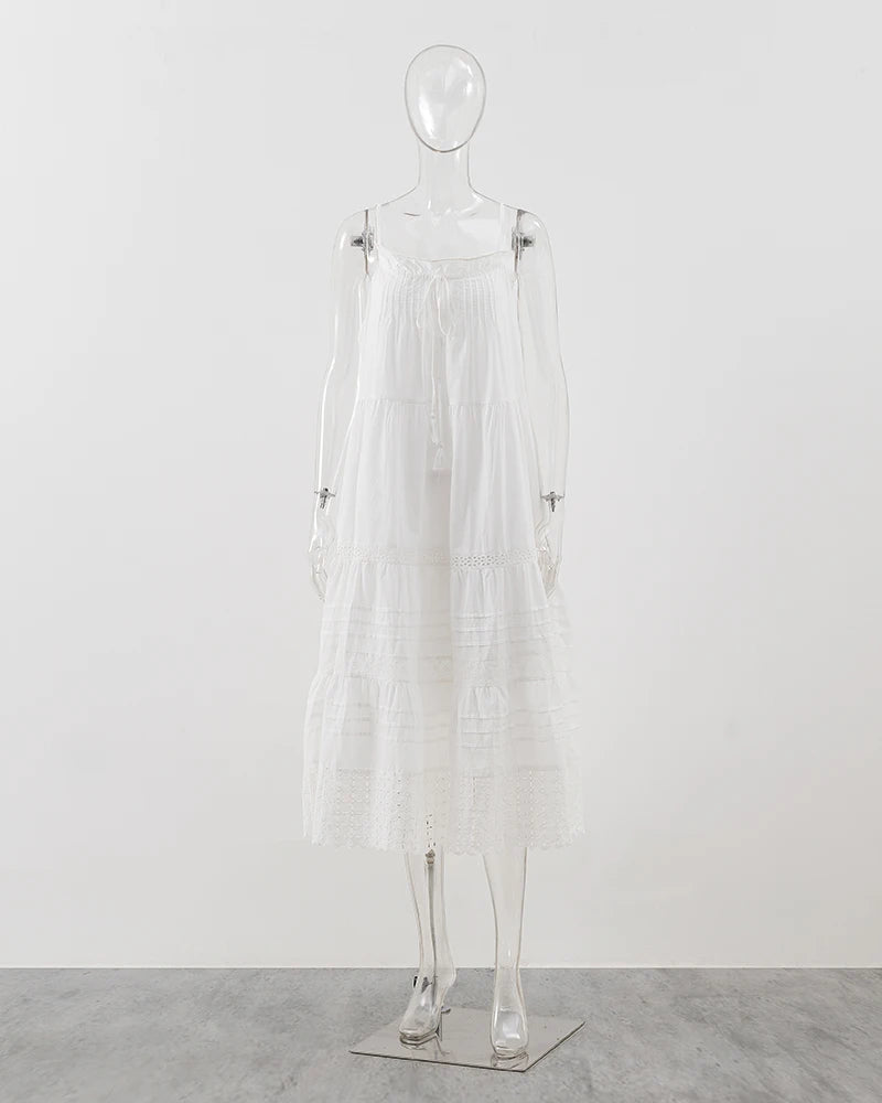 Bohemian White Dress Women Summer Sleeveless Seaside Vacation Beach Suspender Dresses A-Line Hollow Embroidery Hem Long Dress