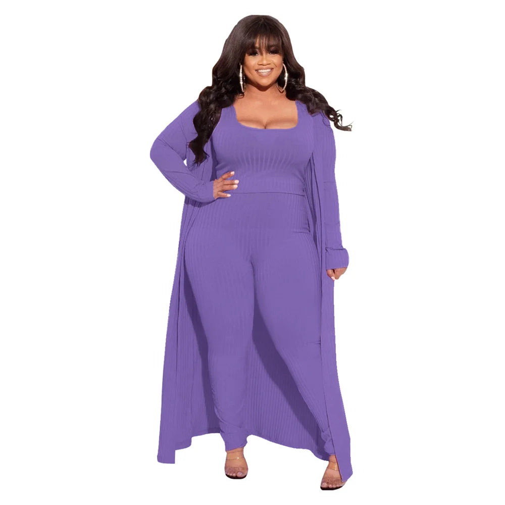 3 Piece Women Outfits Sets Sexy Square Collar Tops+long Coat Tight Pants Solid Color Fashion Plus Size Clothing Wholesale  suits