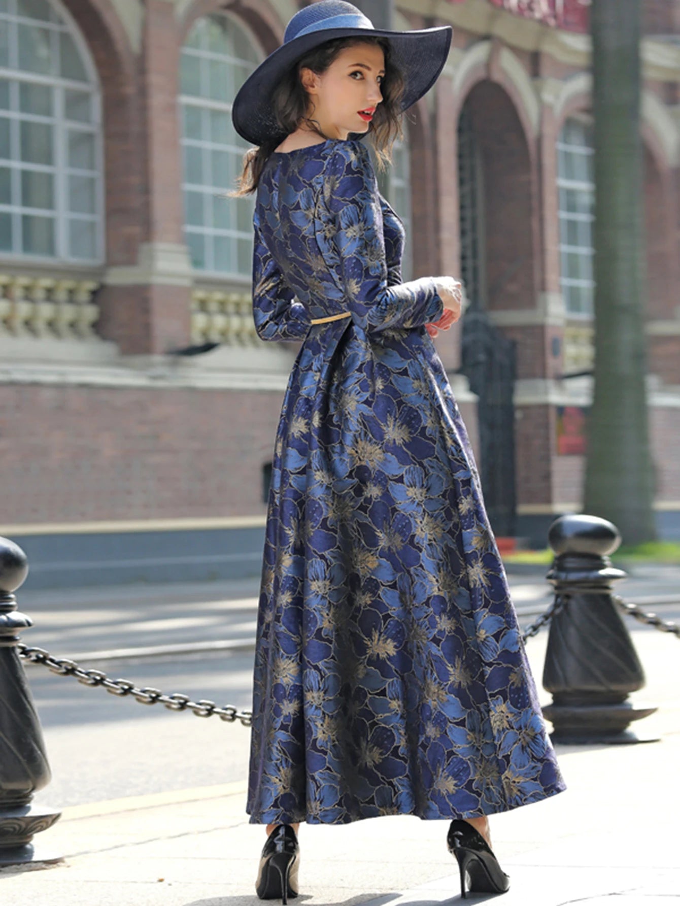 Elegant Women Long Maxi Evening Dress Floral Jacquard Fall V Neck Lady Autumn Winter Party Fashion Formal Vestidos