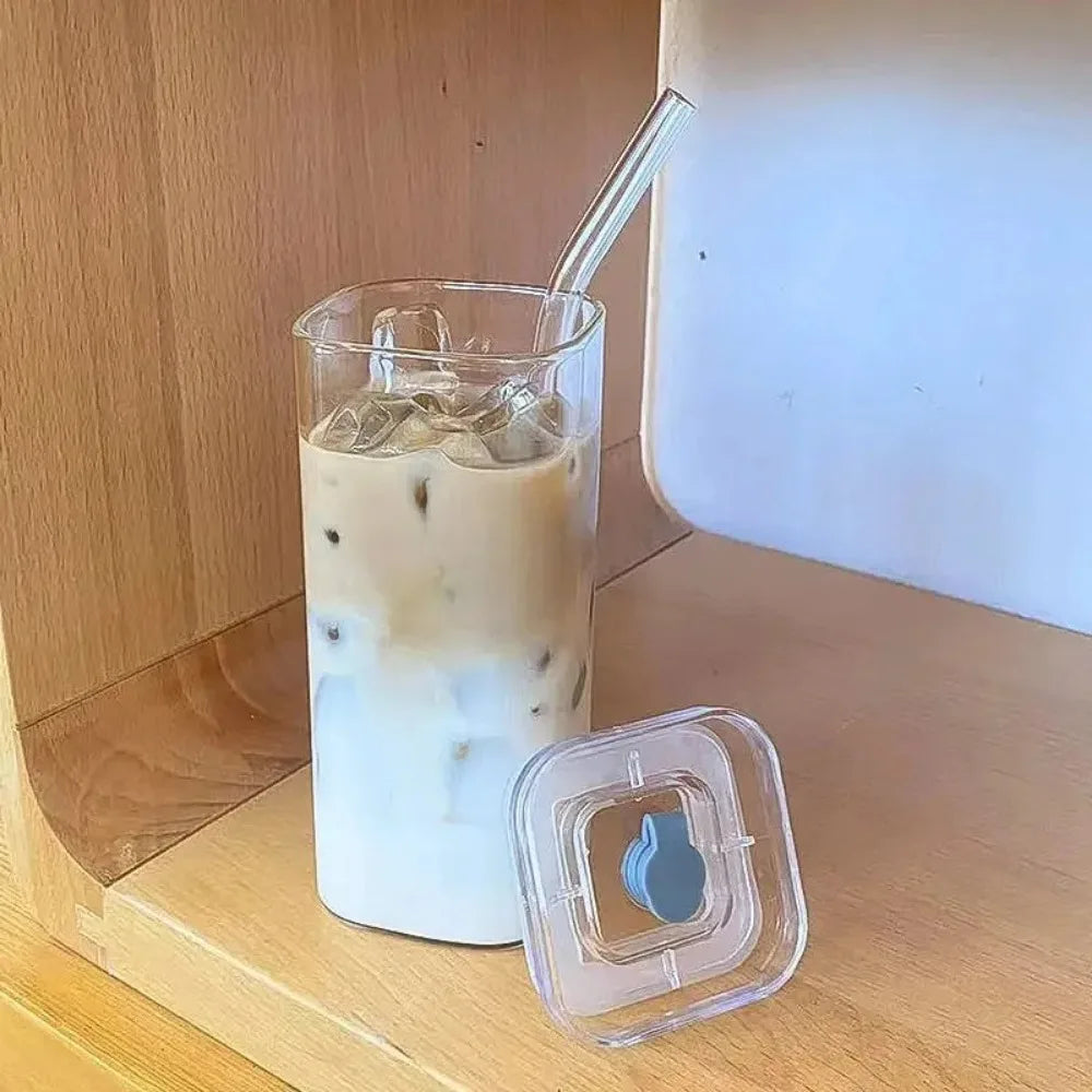 manufacturer  1pcs Square Heat Resistant Coffee Glass Cup With Lid and Straw Transparent Milk Tea Juice Cups Coffee Mug For Home Bar Drinkware   Kitchen gadgets