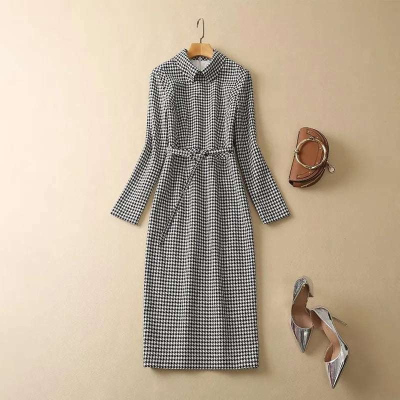 Princess Kate Houndstooth Dress Vintage Swallow Gird Women Dress Long Sleeve OL Dresses
