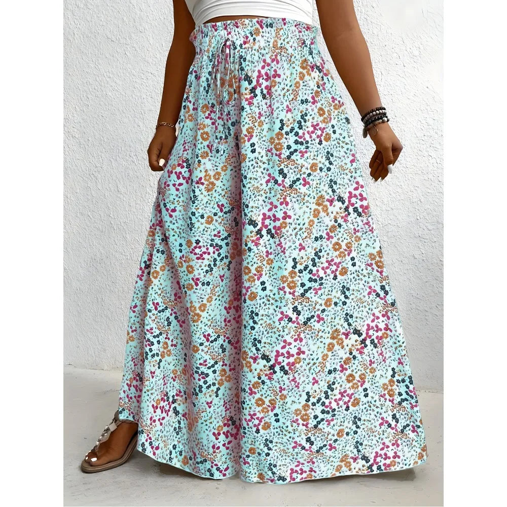 Plus Size 1XL-5XL Women Fashion Floral Print Wide Leg Pants Female Casual  Elegant Drawstring High Waisted Loose Long Trousers dress