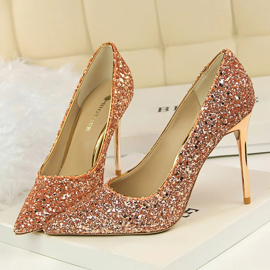 Manufacturer   Women 7cm 9.5cm High Heels Pumps Wedding Bridal Scarpins Sparkly Mid Heels Lady Party Sequins Glitter Evening Gold Silver Shoes   Pumps