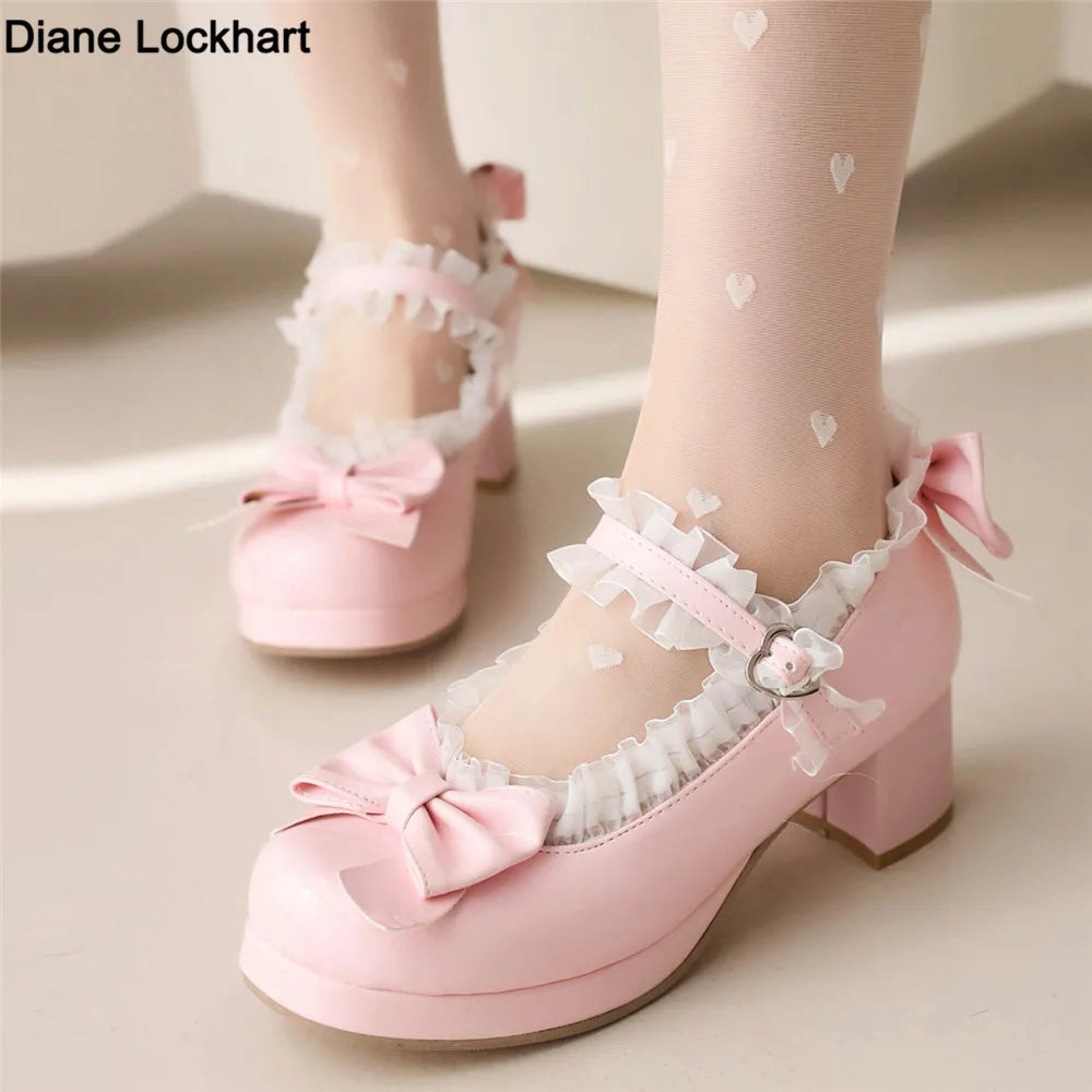 Manufacturer   Woman Med Heel Lolita Shoes Patent Leather Cute Bow Mary Jane Pumps Bride Wedding Cosplay Party Red Pink Black Green Size 31-43   Pumps