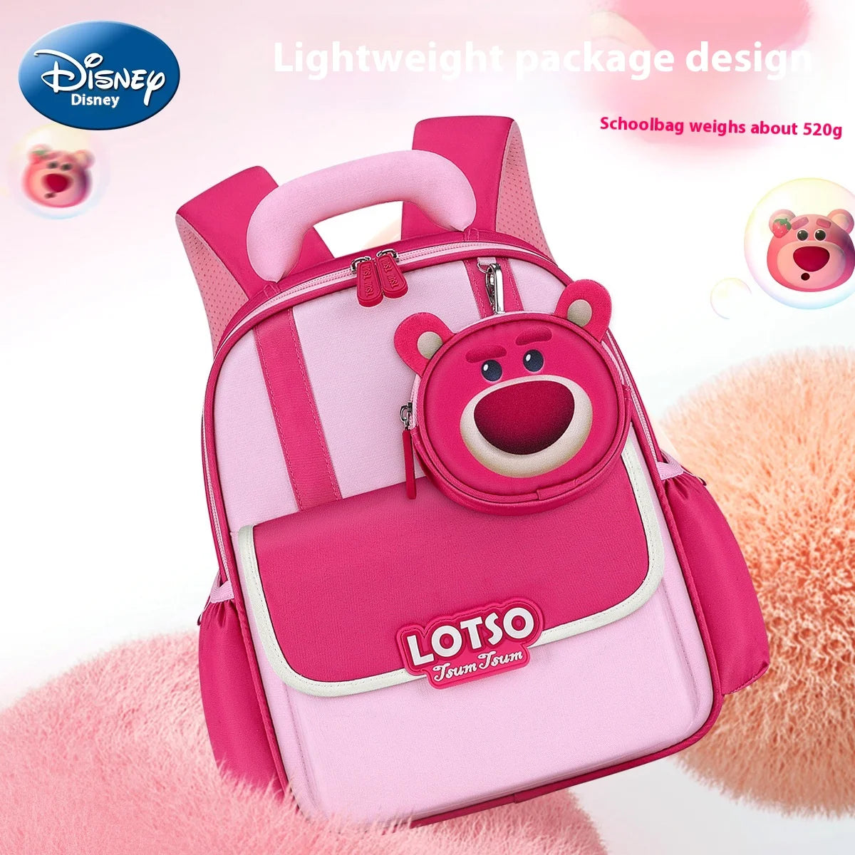 Disney Strawberry Bear Schoolbag, Girls' Kindergarten Backpack, 3-6 Years Old Children'S Plush Design, Detachable Badge Backpack  bag