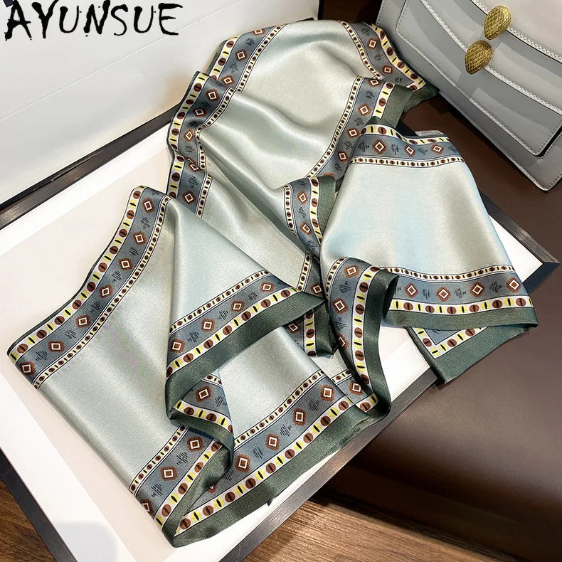 AYUNSUE, 100%Pure Slik Elegant Kerchief, 150cm Retro Printing, Mom Gift Commute Versatile Scarf,  Summer Autumn A465130QC
