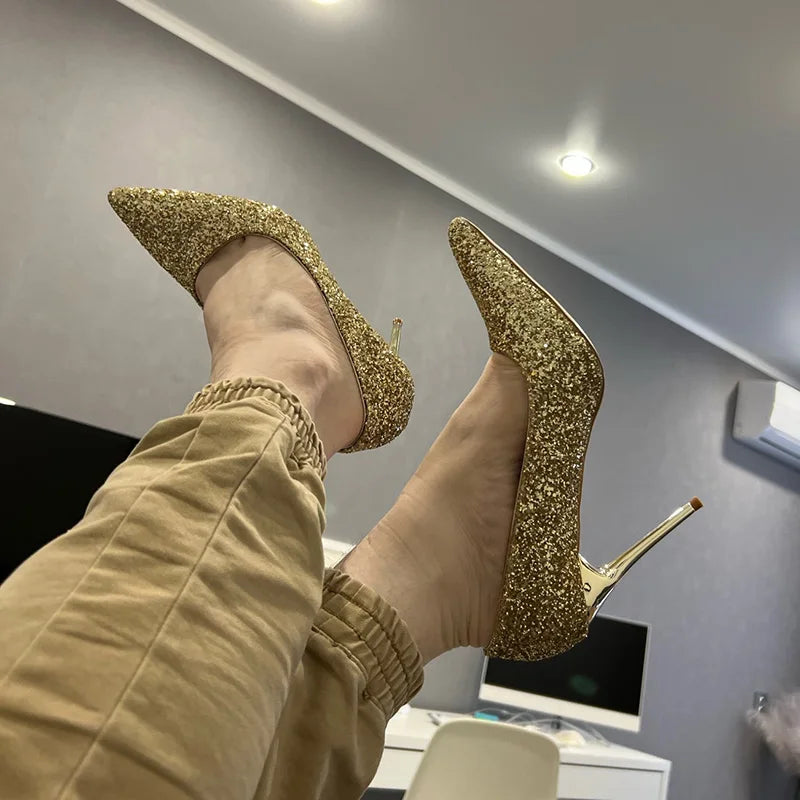 Manufacturer   Women 7cm 9.5cm High Heels Pumps Wedding Bridal Scarpins Sparkly Mid Heels Lady Party Sequins Glitter Evening Gold Silver Shoes   Pumps