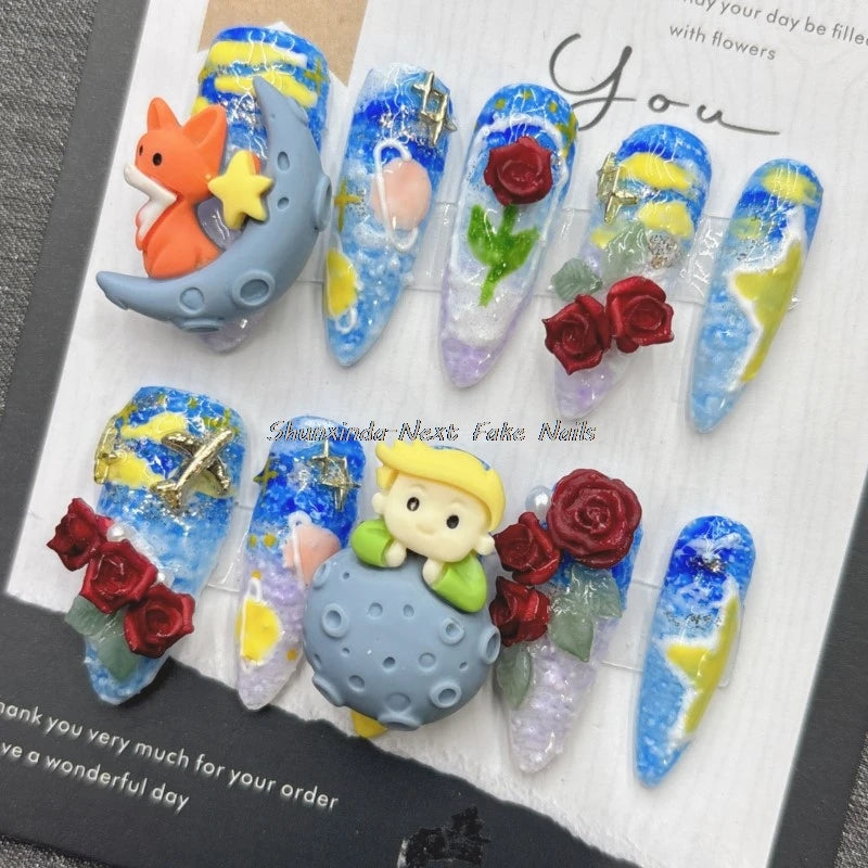10pcs Handmade Fake Nails The Little Prince Nails Blue Fairy Tale Red Rose Press on Nails Cartoon Cute Fox Nails for Girls Wear