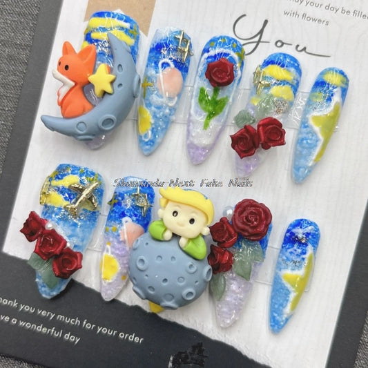 10pcs Handmade Fake Nails The Little Prince Nails Blue Fairy Tale Red Rose Press on Nails Cartoon Cute Fox Nails for Girls Wear