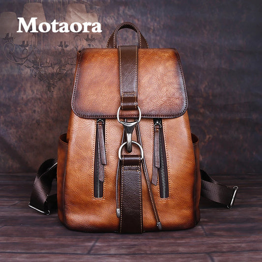 MOTAORA Genuine Leather Women's Vintage Backpack Retro Travel & School Bag Anti-Scratch Cowhide Shoulder Bag for Pad