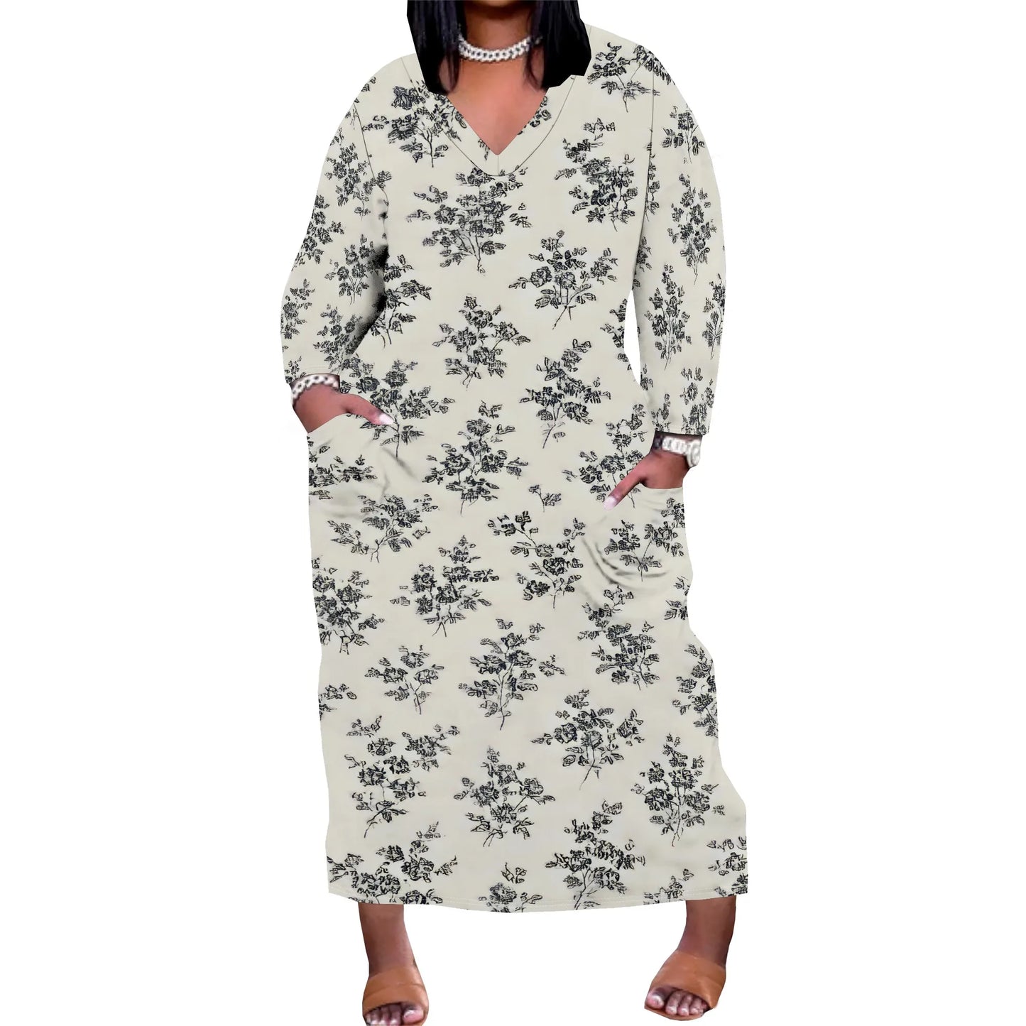 Women's Long Sleeve Plus Size Polka Dot Print Maxi Dress V Neck with Pockets Dress Loose Casual Autumn Outfit
