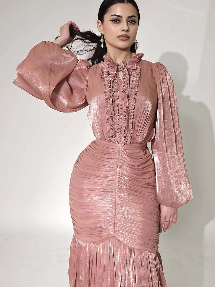 Elegant Women Dresses Ruffle Pleated Long Sleeve Lace Up Dress for Woman New Fashion Bodycon Slim Vestidos Female Party Clu