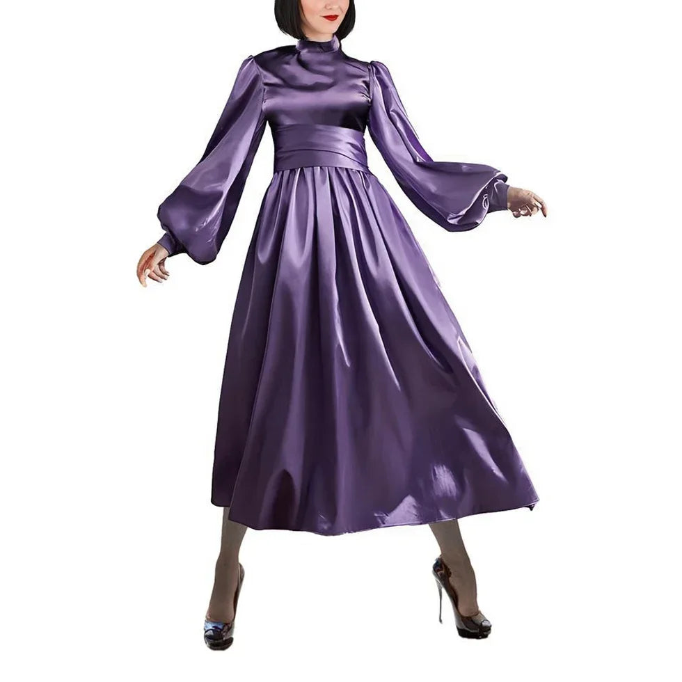 Plus Size Satin Evening Dress Elegant Drape High Neck Long Sleeve Dress Ladies Party Belted Long Gown Women A-Line Prom Dress