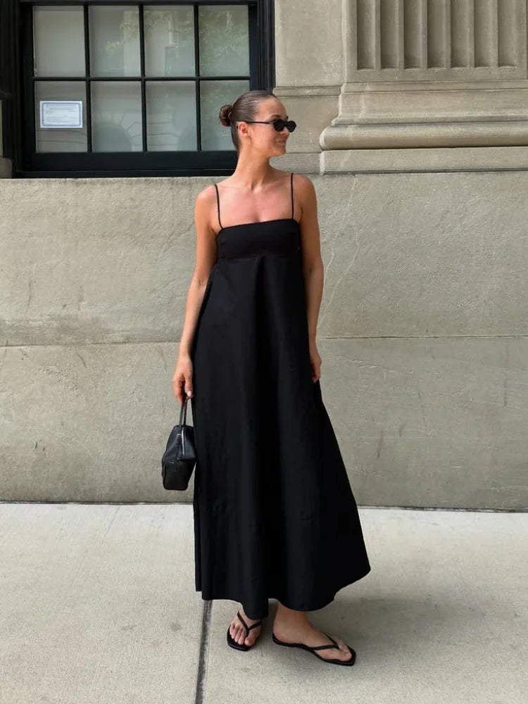 Black Backless Sling Long Dress Women Casual Loose Square Neck High Waist Vestidos  Chic Summer Lady Vacation Street Robe