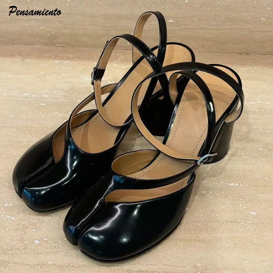 Manufacturer   Ins style Fashion Patent Leather Split Toe Women Pumps Spring Summer Thick High heels Slingbacks Female Tabi Chunky Casual Shoes   Pumps