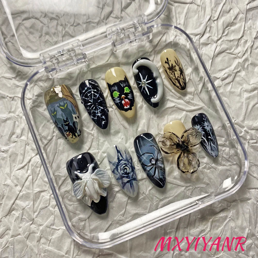 Handmade Halloween Press On Nails Black and White Combination 3D Medium Almond Fake Nails Terrifying Cat Design Art DIY Nails