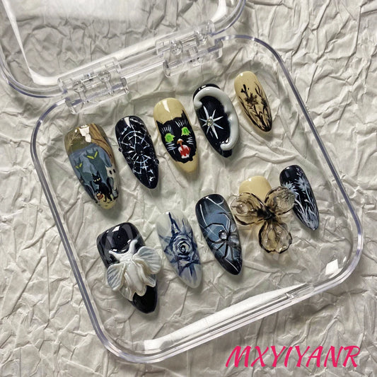 Handmade Halloween Press On Nails Black and White Combination 3D Medium Almond Fake Nails Terrifying Cat Design Art DIY Nails