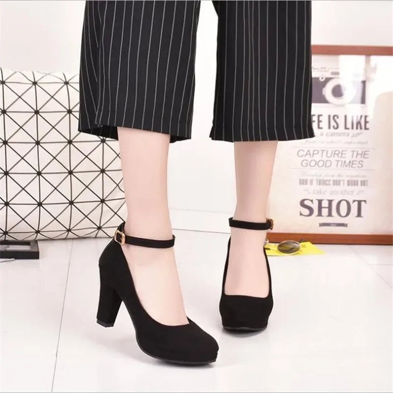 Manufacturer   Spring Women Pumps Flock Sweet Thick High Heels Ankle Strap Female Platform Classic Round Toe Dress Cute Shoes Ladies Footwear   Pumps