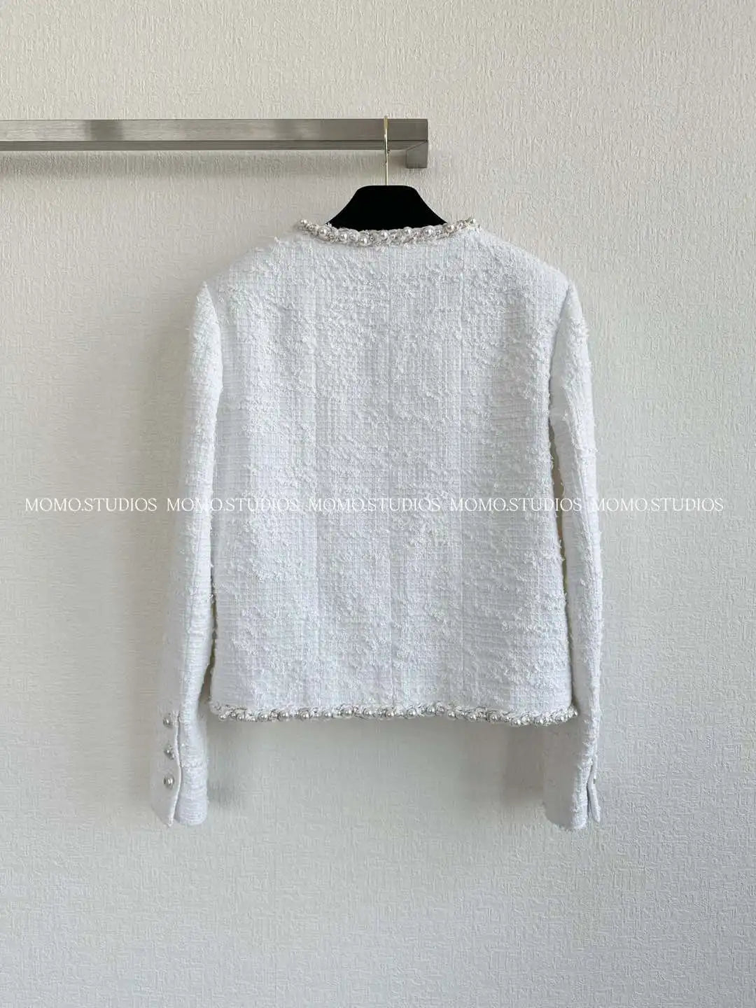 Women's new jacket with coarse woolen pearl border decoration and customized buttons