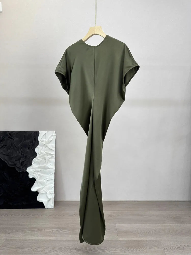 Women Satin Bat Sleeve Long Dress Temperament Slim Fit and Slimming Robe for Lady Spring Summer