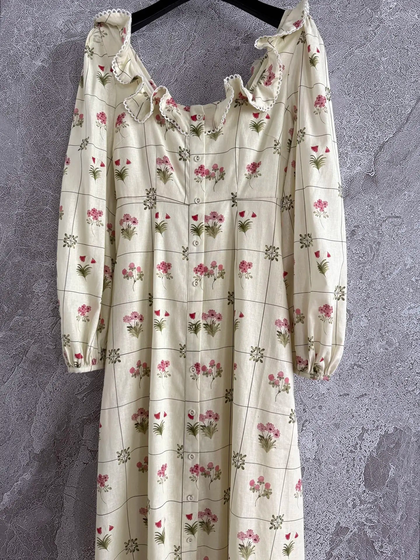 Women Flower Printed Single Breasted Long Sleeve Scallop Trim Linen Long Dress