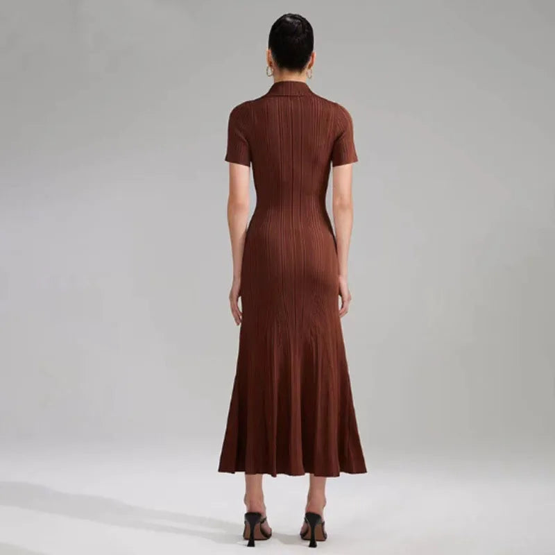 EACA  Autumn/Winter New Style Flip Collar Pit Stripe Elastic Waist Slimming Short Sleeve Long Dress Women's Solid Color