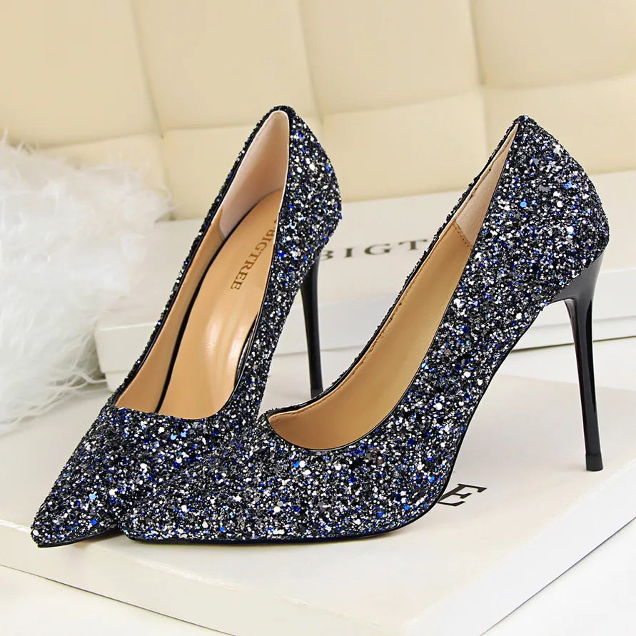 Manufacturer   Women 7cm 9.5cm High Heels Pumps Wedding Bridal Scarpins Sparkly Mid Heels Lady Party Sequins Glitter Evening Gold Silver Shoes   Pumps