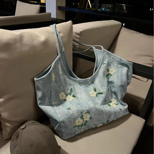 Heavy Industry Ten Thousand Needles Embroidery, Denim Handbag for Women, Casual and Versatile Large Capacity Commuting Tote Bag