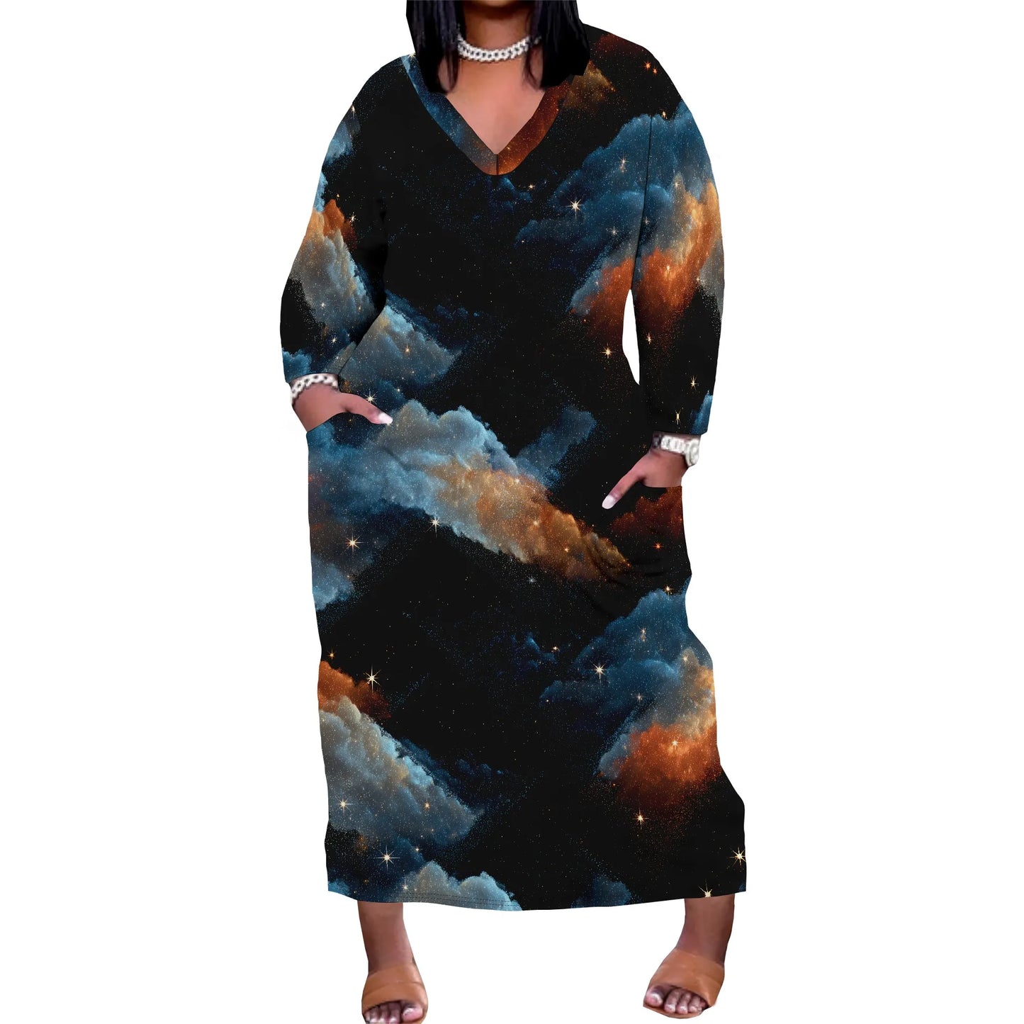 Oversized Baggy Summer Womens Print Dresses Sexy Casual T-Shirt V Neck Long Sleeve Maxi Dress with Pocket