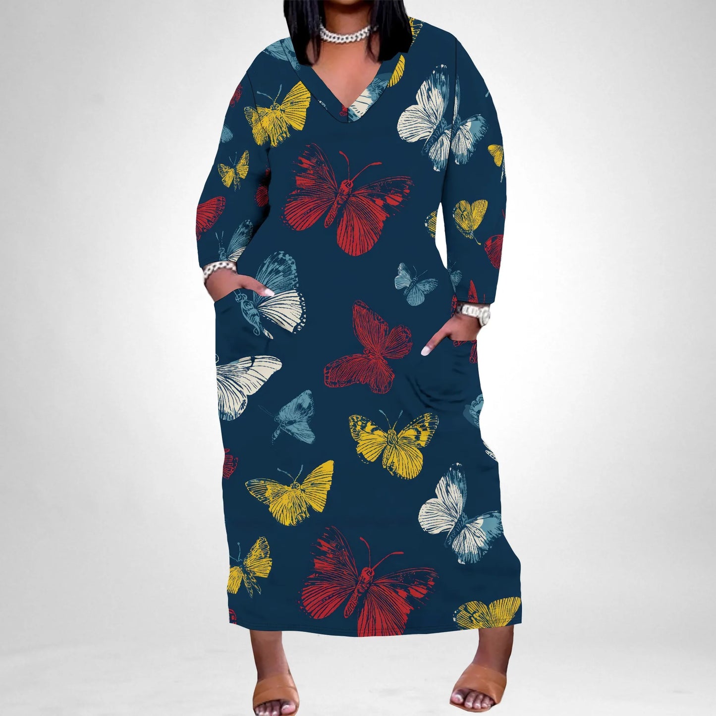 Oversized Baggy Summer Womens Print Dresses Sexy Casual T-Shirt V Neck Long Sleeve Maxi Dress with Pocket