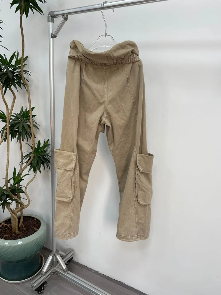 new vintage wash to do old drawstring roll-edge multi-pocket cargo pants lazy casual loose mopping pants