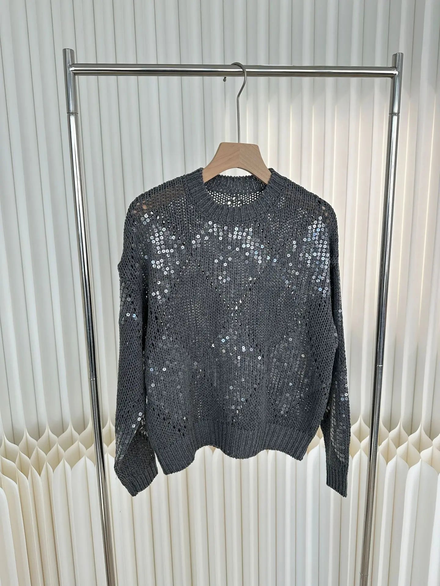 Spring And Summer Ladies New Heavy Embroidery Sequin Top Lazy Style Loose Hollow Pullover Knitted Sweater