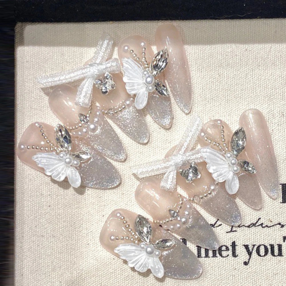 5 Sets Wearable Pink Press on Fake Nails with glue wearing tools false nail butterfly lovely false nails Handmade Bulk Wholesale