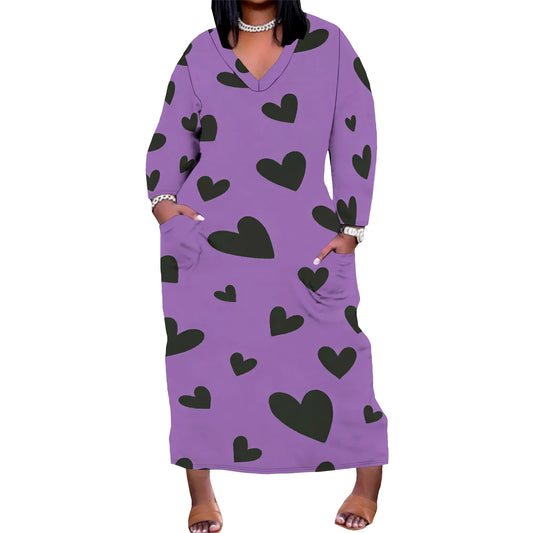Women's Long Sleeve Plus Size Polka Dot Print Maxi Dress V Neck with Pockets Dress Loose Casual Autumn Outfit