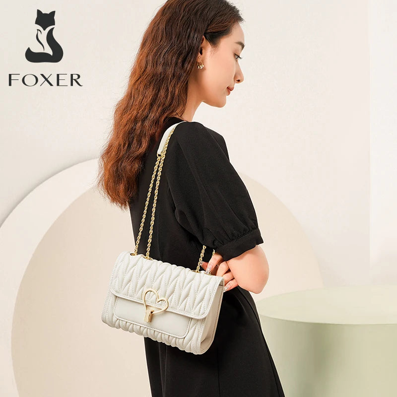 FOXER Cowhide Shoulder Bag High Quality Women Small Off White Underarm Bag Design Chain Flap Bag Stylish Lady Love Crossbody Bag