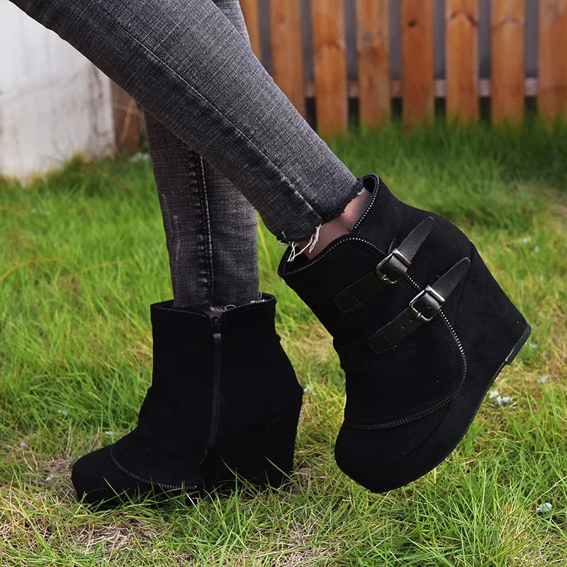 Manufacturer   2025 Modern High-heel Boots for Women Ankle Wedges Suede Ladies Shoes Splicing Fake Zip Belt Buckle Height Increasing Daily Wear   boots