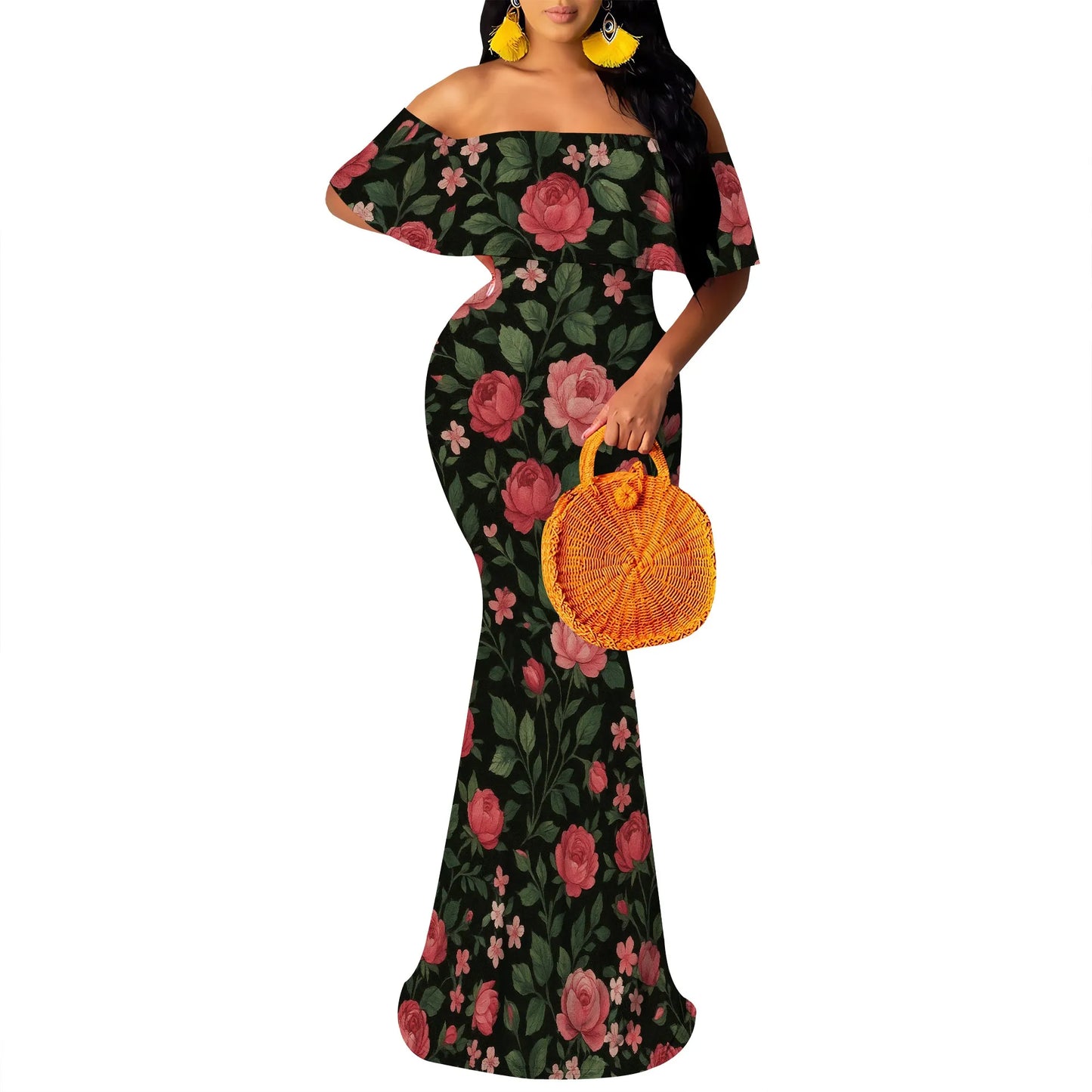 Women's Maxi Bodycon Off The Shoulder Dress Short Ruffle Sleeves Strapless Long Boho Dress Cocktail Party Wedding Dress
