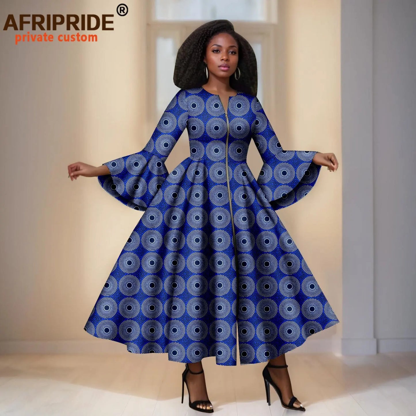 African Print Dresses for Women Flare Sleeve Elegant Zip Maxi Dress Party Attire for Lady Dashiki Long Dress