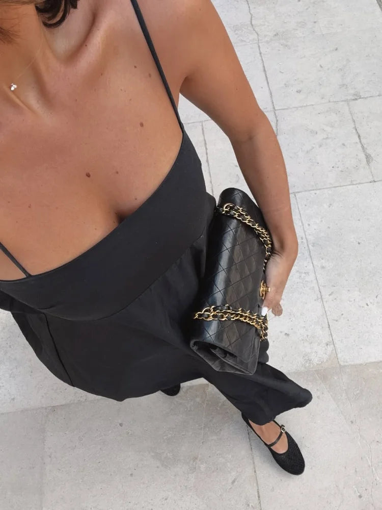 Black Backless Sling Long Dress Women Casual Loose Square Neck High Waist Vestidos  Chic Summer Lady Vacation Street Robe