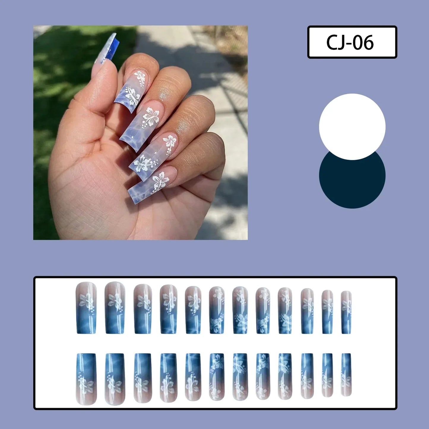 24pcs Y2k Summer Sea Blue Gradient Fake Nails With Water Ripples Designs Long Square Coffin False Nails Set Press On Nail Tips