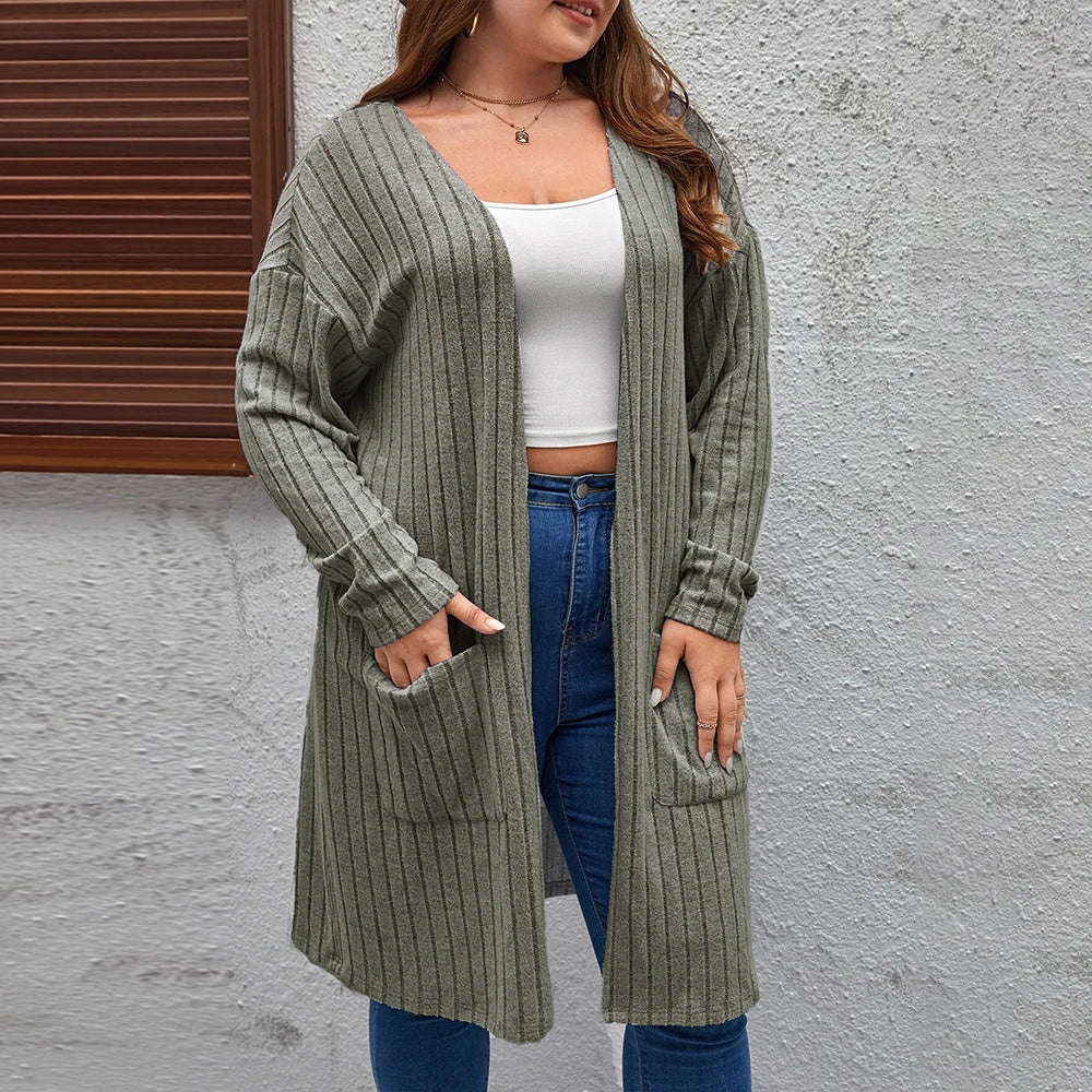 Plus Size Women's Solid Ribbed Long Sleeve Pockets Cardigan Tops Spring Autumn Ladies Casual Coatigan Outwear Size 1XL-5XL  coat