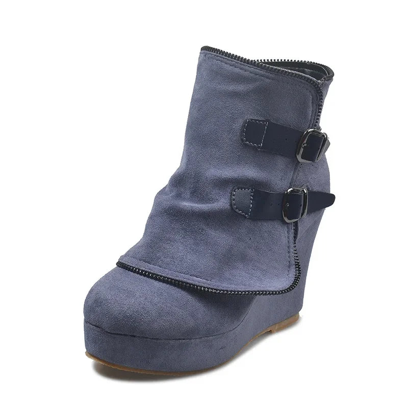 Manufacturer   2025 Modern High-heel Boots for Women Ankle Wedges Suede Ladies Shoes Splicing Fake Zip Belt Buckle Height Increasing Daily Wear   boots