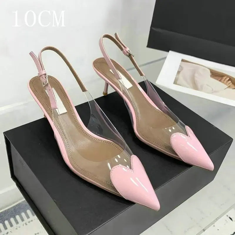 Manufacturer  New Pointy Peach Heart Fine Heel Shoes Sexy Pvc Transparent Film Black Patent Leather High Heel Overhead Sandals   Pumps