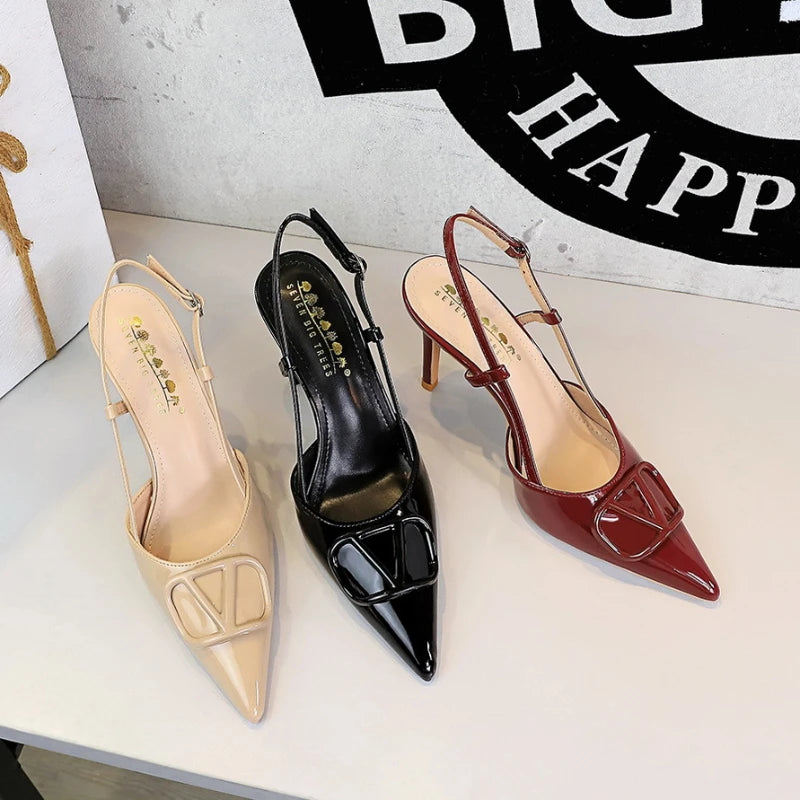 Manufacturer   French Elegant And Fashionable V-Shaped Square Buckle Pointed High Heels For Women's Thin Heel Patent Leather Tripping Women's   Pumps