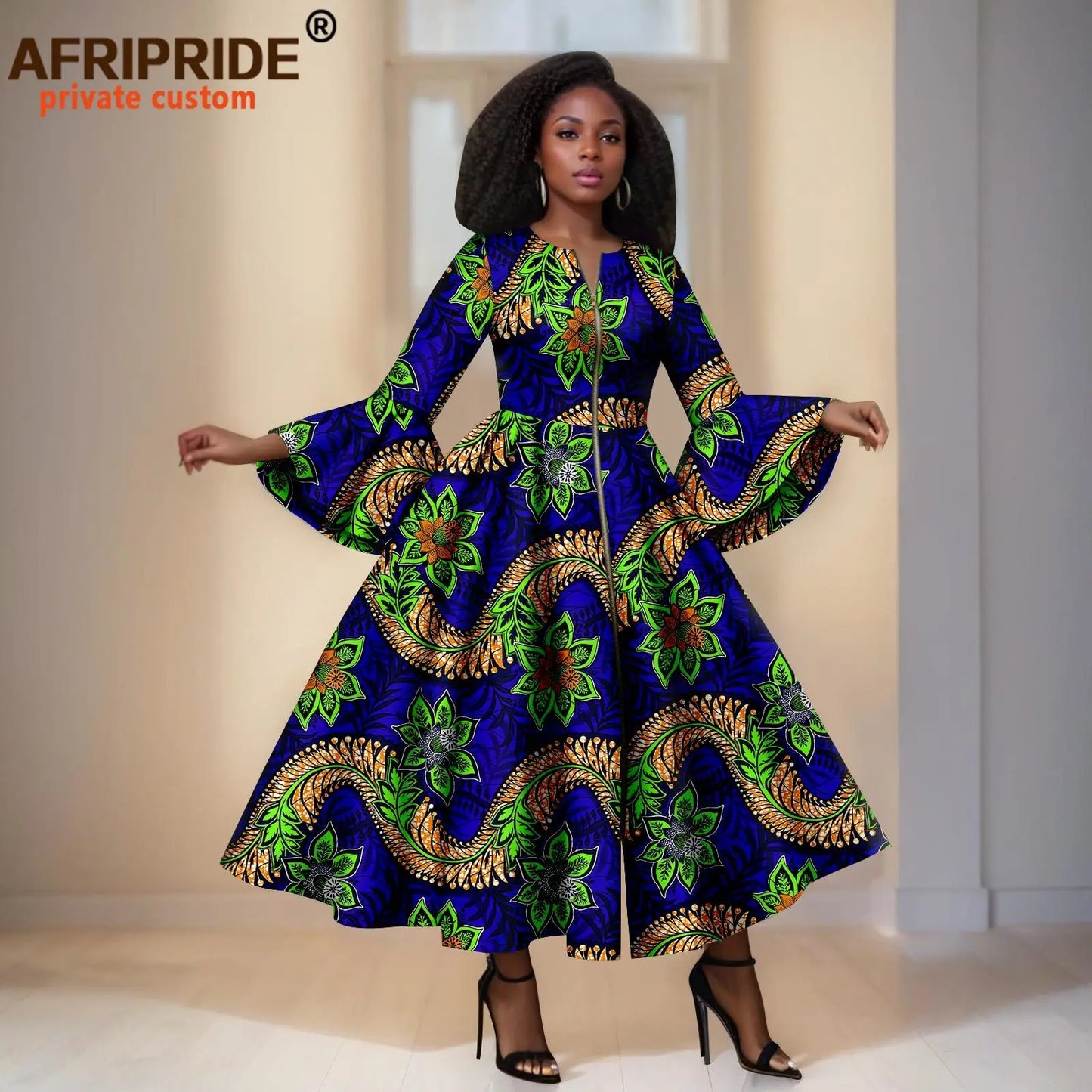 African Print Dresses for Women Flare Sleeve Elegant Zip Maxi Dress Party Attire for Lady Dashiki Long Dress