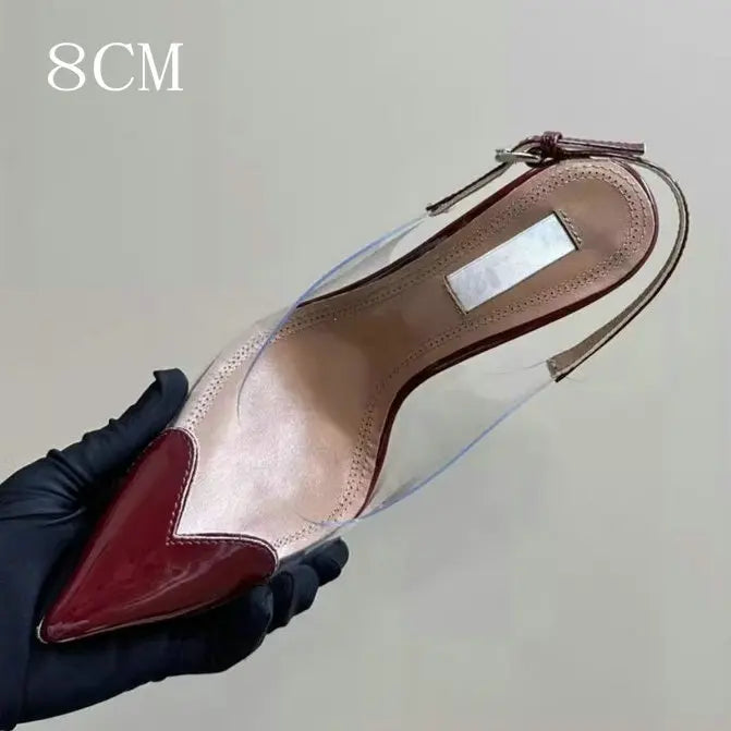 Manufacturer  New Pointy Peach Heart Fine Heel Shoes Sexy Pvc Transparent Film Black Patent Leather High Heel Overhead Sandals   Pumps