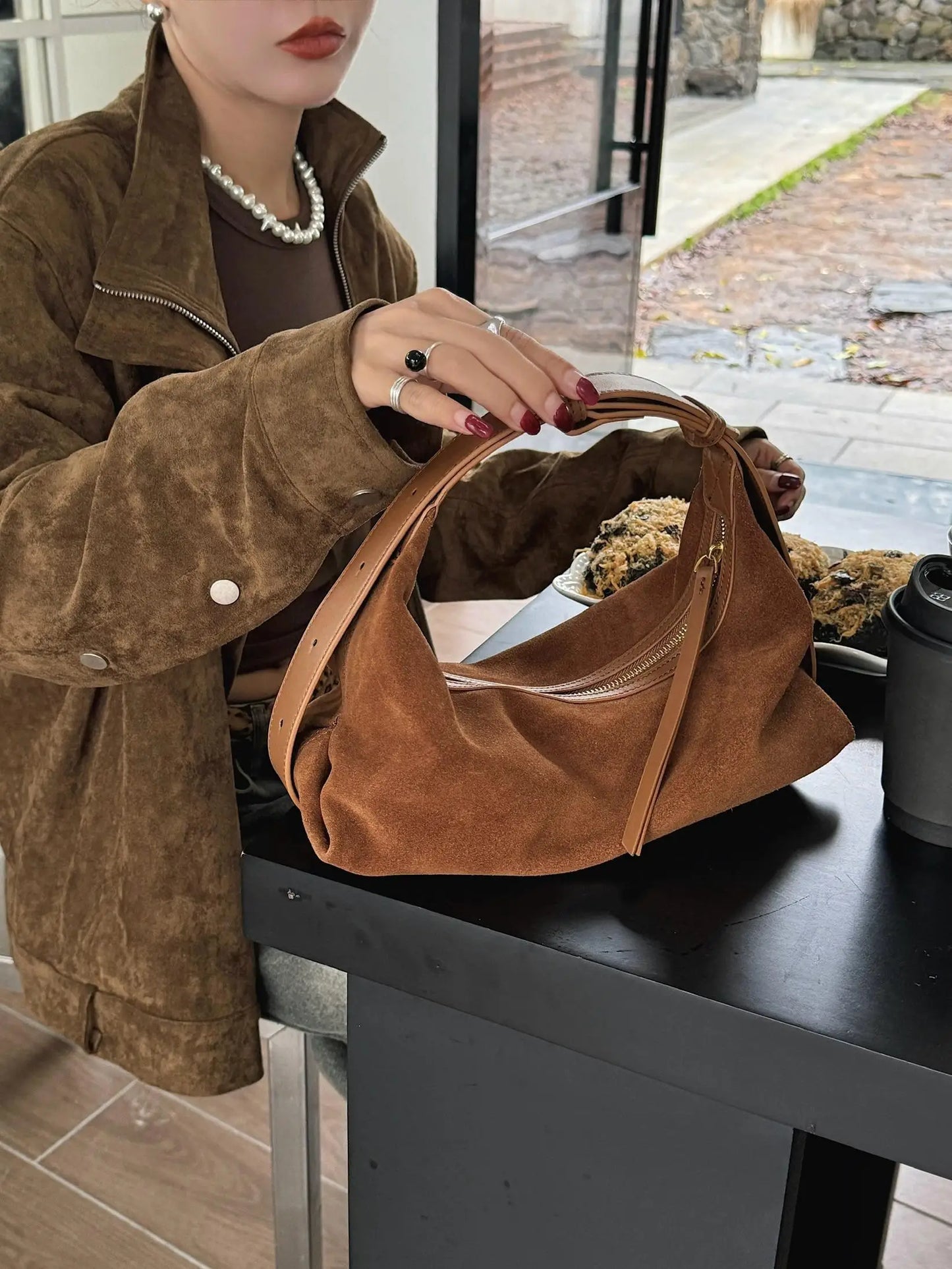 Hot Sale Maillard Coffee Color Triangle Tote Unique Design Thick Suede Cow Leather Women Handbag High Quality Lady Shoulder Bag