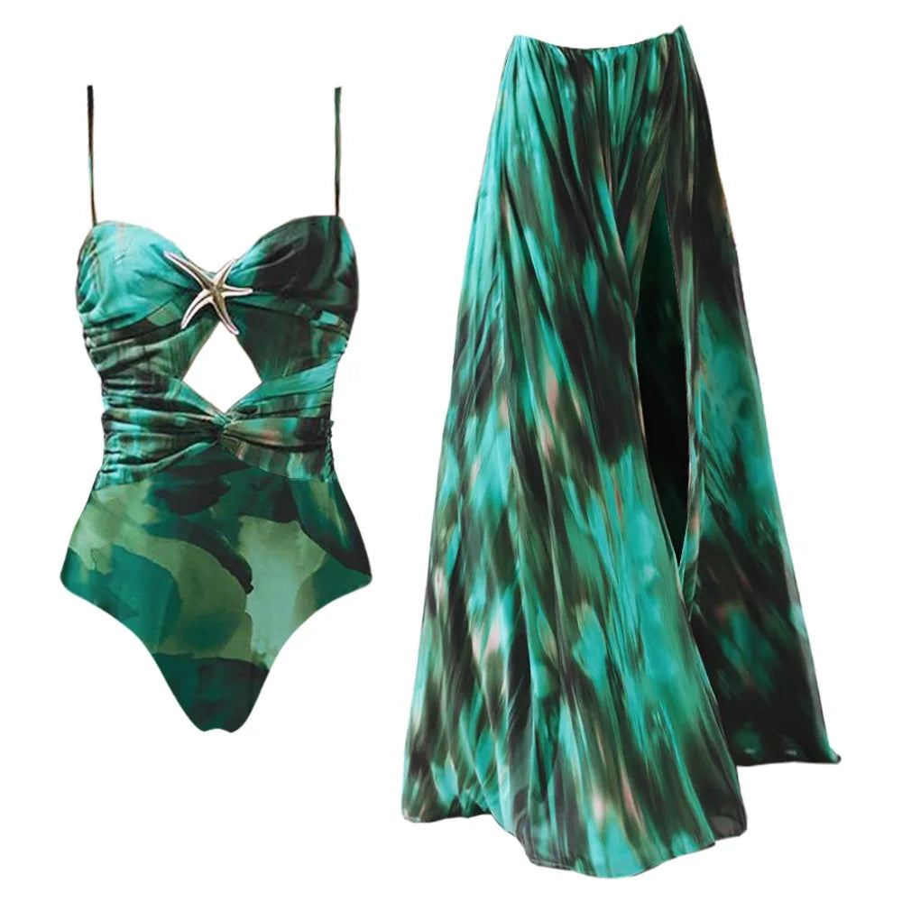 One Piece Floral Swimsuits Women Maxi Dress Print Starfish Brooch Swimwear With Skirt Vacation Bathing Suit Summer Outfit