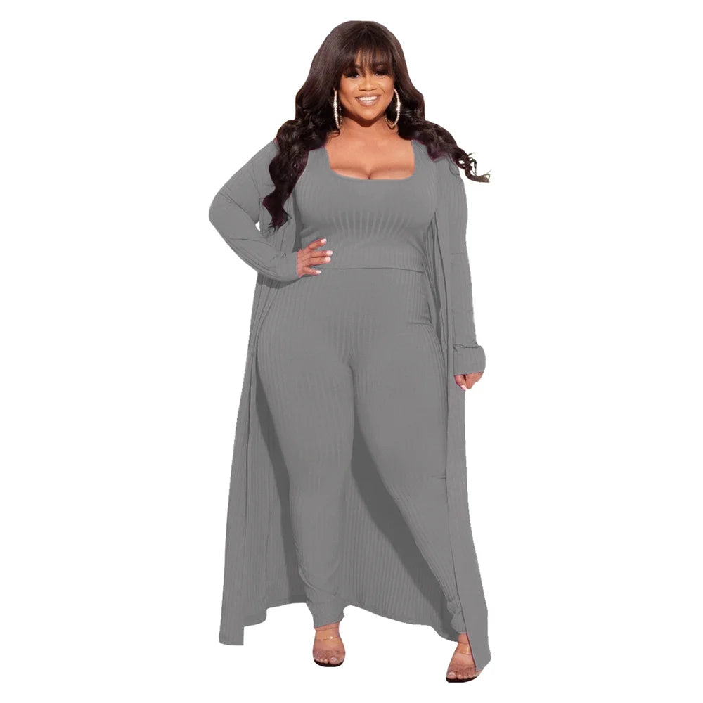3 Piece Women Outfits Sets Sexy Square Collar Tops+long Coat Tight Pants Solid Color Fashion Plus Size Clothing Wholesale  suits