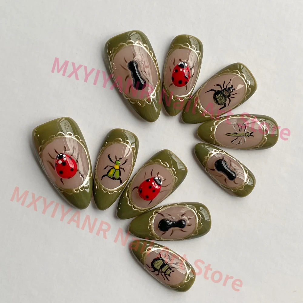 Press On Nails Cute Style Handmade Hot INS Y2K 3D French Green Medium Almond Fake Nails Reusable Full Coverage Art DIY Nails